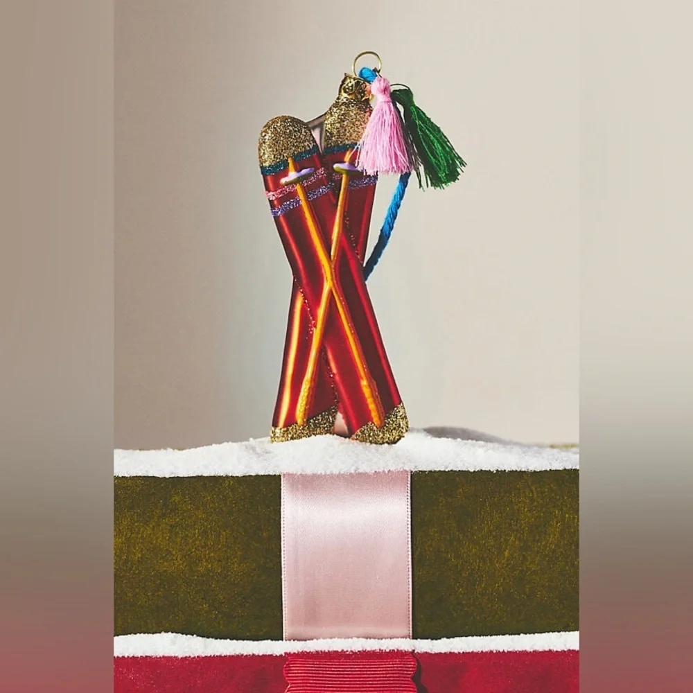 Anthropologie Skis Ornament Apres Ski Red Gold Hand Blown Glass Snow Winter NWT - Picture 1 of 3